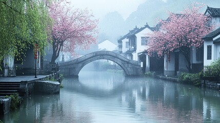 Jiangnan water town, with green willow trees and pink peach blossoms on the riverbank, generate AI