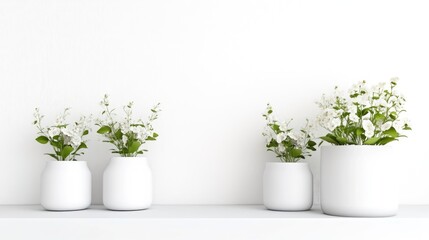 Fototapeta premium Four white flower arrangements in simple white pots sit on a shelf against a white wall. The image is clean and minimalist. The lighting is even and bright, creating a high-quality image. The style