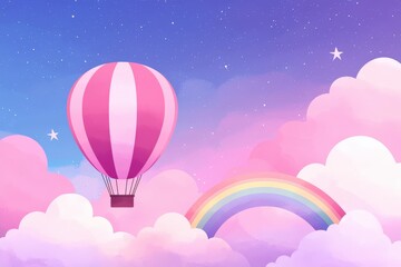 Fototapeta premium Colorful Hot Air Balloon in a Dreamy Sky with Rainbow and Clouds Fantasy Illustration Digital Art Whimsical Concept