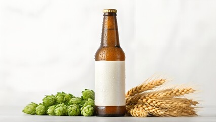 A detailed mockup of a cold beer bottle covered in condensation, featuring a blank label and placed next to barley and hops. Perfect for craft beer branding and brewery advertising. 
