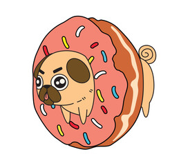 Cute Pug with a donut Vector illustration