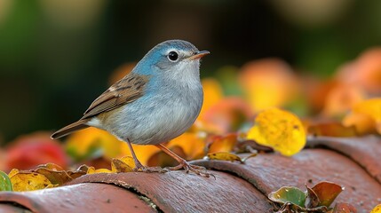 Obraz premium A small bird is perched on a tiled surface surrounded by leaves