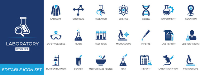Laboratory icon set. Solid editable icon collection.