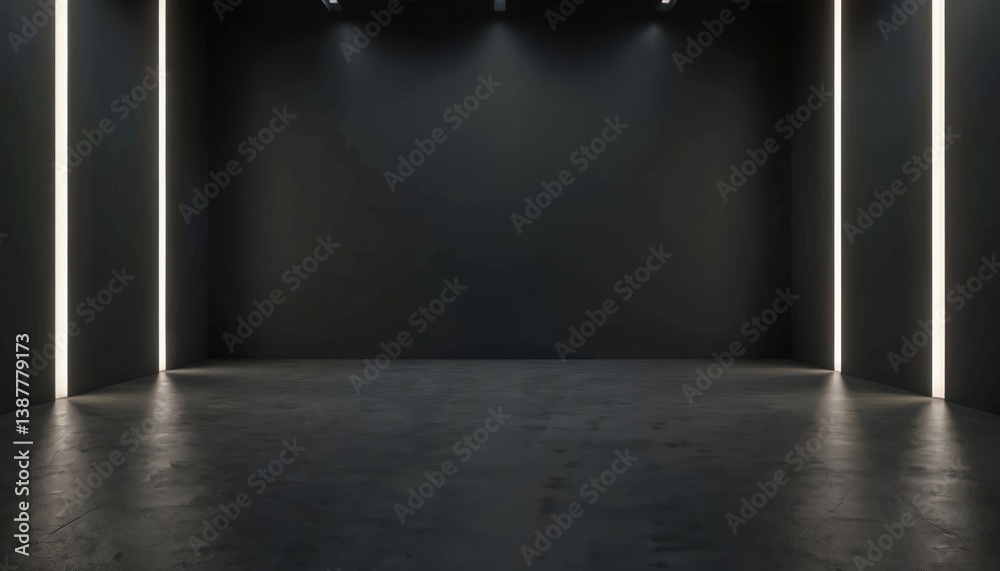 Poster Empty dark room with black floor, white walls. Minimalist design. Light from above and linear side lamps. Modern architecture concept, abstract studio background.