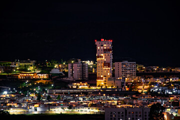 Obraz premium Puebla city drone view with multi colored lines made by long exposure