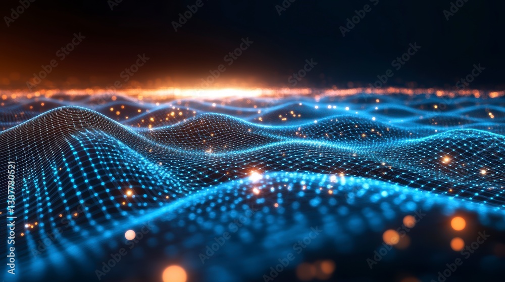 Poster Abstract digital landscape with glowing particles forming wavy lines and patterns.
