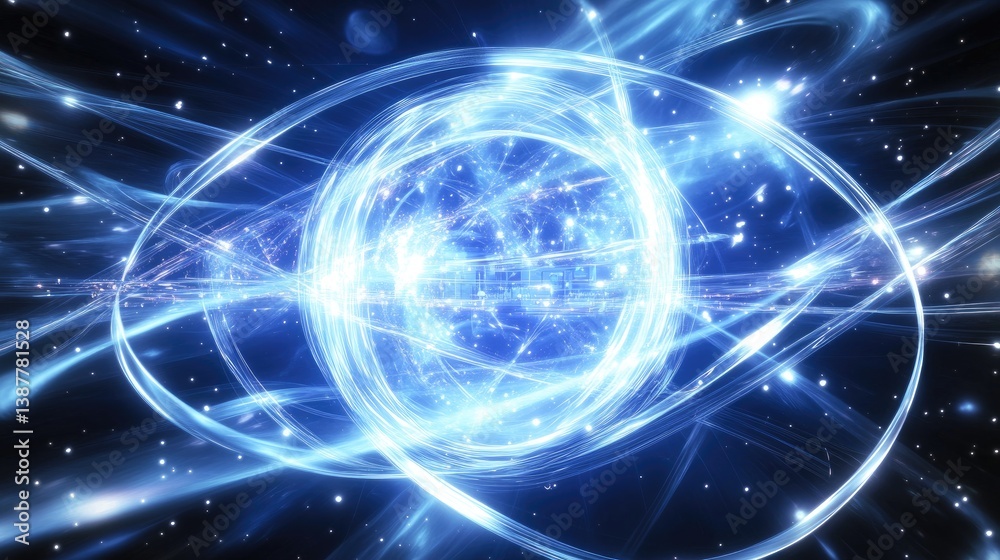 Poster quantum computing visualization with futuristic processor and abstract energy flows symbolizing inno