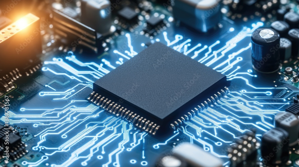 Poster quantum computing visualization with futuristic processor and abstract energy flows symbolizing inno