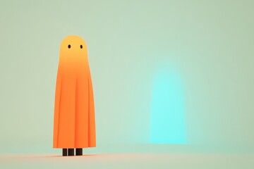 Simple, orange ghost figure in minimalist style, with a pale blue glow