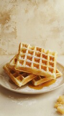 Hyperrealistic cinematic waffles with syrup and sugar on ivory plate