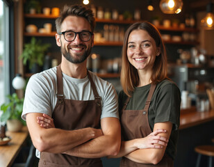 Smiling couple cafe owners, restaurant managers arms crossed. Teamwork in small business. Happy man woman smiling, wearing aprons. Coffee shop, diner, hospitality service. Team working together.