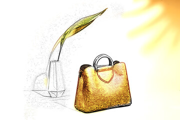 A stylized illustration features a golden-brown handbag on a white surface, with a geometric white vase beside it. A single, long green leaf emerges from the vase, arching gracefully