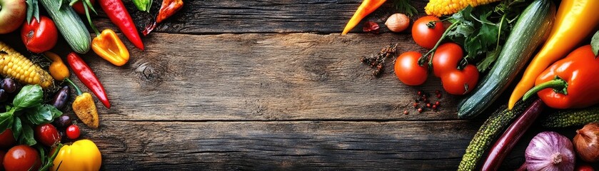 Obraz premium Colorful Fresh Produce Displayed on Rustic Wood