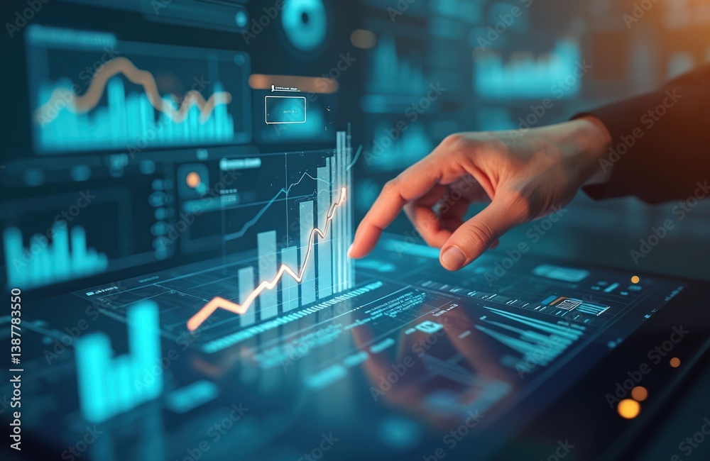 Wall mural manager touches growth graph on analytics dashboard. business data analysis reports with marketing f