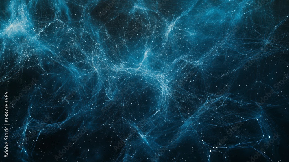 Poster abstract blue energy background with glowing particles and lines.