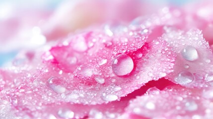 Delicate pink flower petals, covered in glistening water droplets, close-up macro view