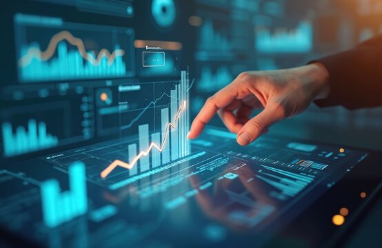 Manager touches growth graph on analytics dashboard. Business data analysis reports with marketing finance management strategy. Digital charts graphs increase business performance, sales statistic