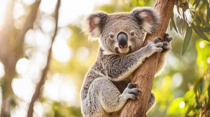 Cute koala clinging to eucalyptus tree, sunny forest background, ideal for nature, wildlife, or environmental conservation purposes