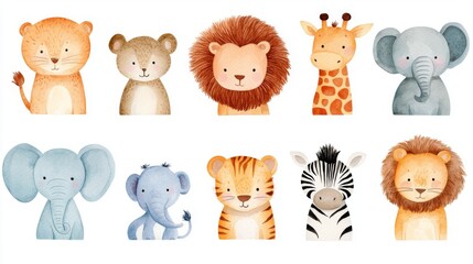 Safari Animal Collection, vibrant watercolor illustrations of a hippopotamus, monkey, giraffe, lion cub, tiger cub, elephant cub, and zebra, each character depicted with playful charm.
