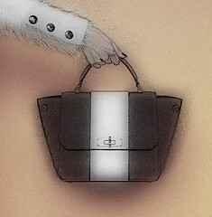 A nice, elegant woman handbag. A hand in a white, furry, long-sleeved garment with black buttons holds a structured handbag.  