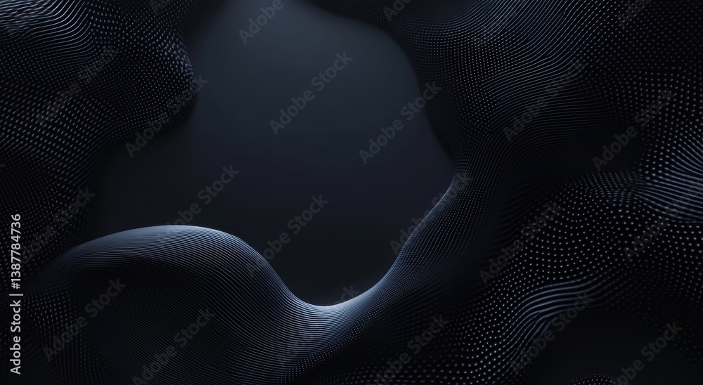 Poster black background with gradient dots and waves, dark blue, dark gray, low saturation, 3d composition,