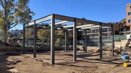 Fototapeta premium Steel frame structure in progress with beams, joints, and anchor bolts installed