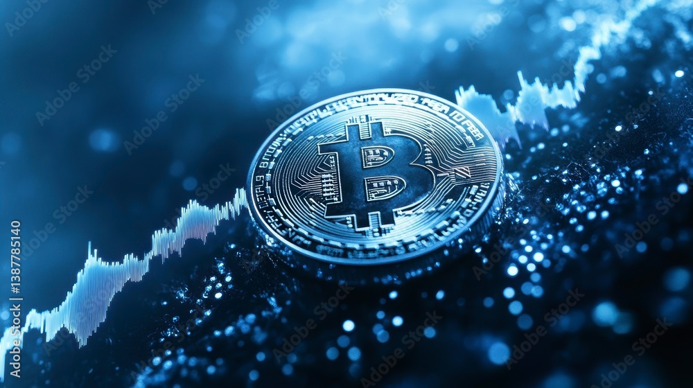 Poster bitcoin cryptocurrency coin on a dynamic financial chart background.