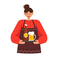 Young woman waitress holding beer bottle and mug. Beer festival concept. Vector illustration.