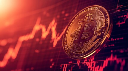 Close-up of a golden Bitcoin cryptocurrency coin on a red stock market chart showing a price decline.