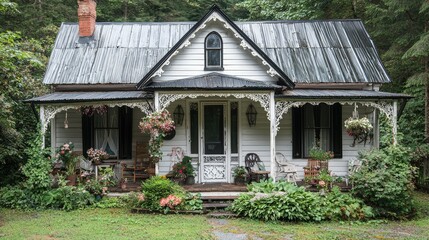 A quaint white house adorned with flowers and foliage is displayed