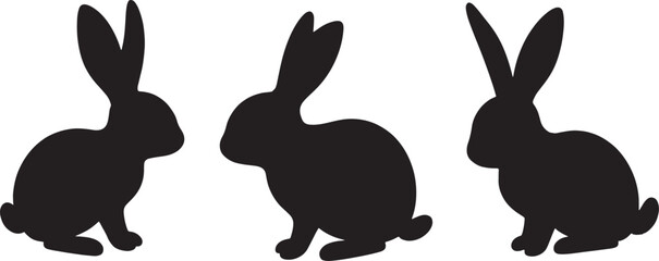 Silhouette of Rabbits in Various Poses on White Background