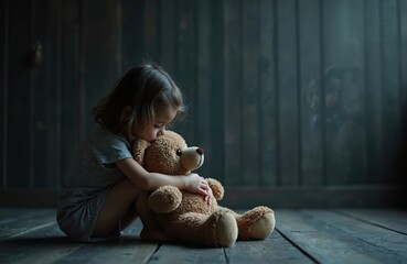 Sad little girl sits on floor, embraces teddy bear. Childhood loneliness, emotional pain, grief, suffering, sadness, depression, despair, abuse. Dark wooden background. Concept of sorrow, loss,
