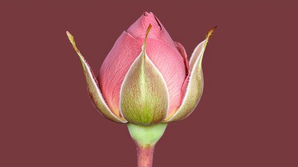 Fototapeta premium Close-Up View of a Beautiful Pink Rosebud with Delicate Green Leaves on a Maroon Background