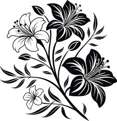  Black and white floral illustration, elegant lily flowers, botanical art, intricate petals, contrasting silhouettes,