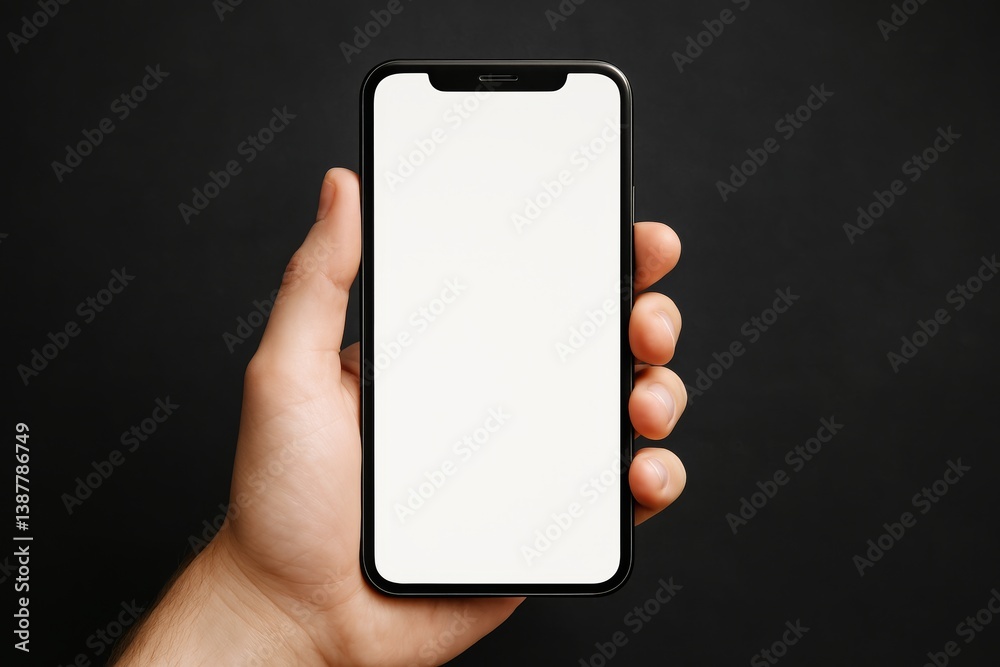 Aufkleber Smartphone mockup held in hand with blank white screen on dark background for app or UI design presentation and branding display template.