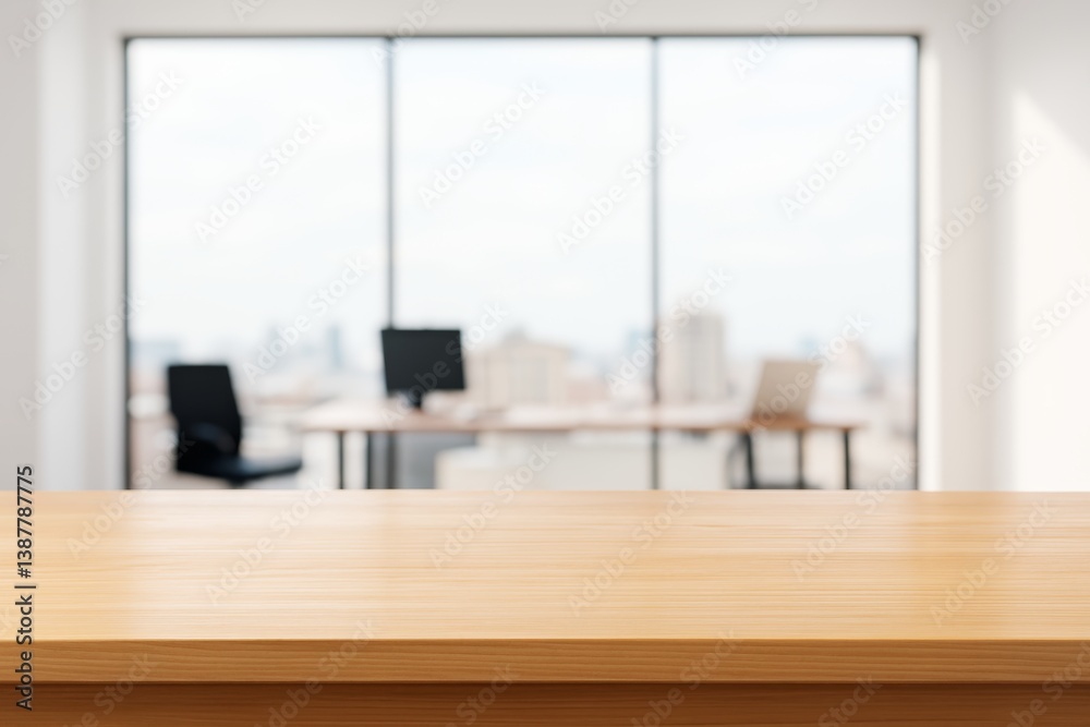 Poster wooden tabletop mockup in modern office with blurred desks and city view seen through large bright w