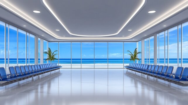 A sleek and ultra-modern airport terminal with massive glass windows and futuristic lighting