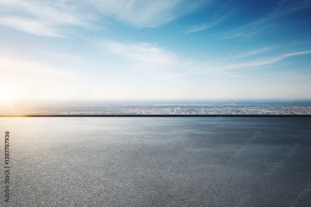 Aufkleber Empty mockup surface overlooking cityscape under bright blue sky with smooth texture and soft lighting for product display or presentation template.