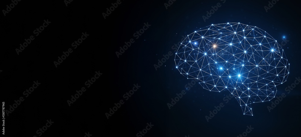 Poster Digital glowing brain network symbol in neon blue light on dark background with copyspace, modern concept of brainstorming and mind connection.