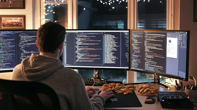 Freelancer Debugging Code at Home Office with Snacks