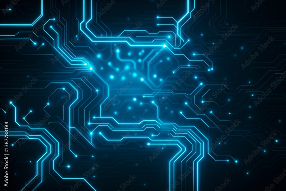Poster Glowing blue circuit lines forming digital pattern on dark background concept for futuristic technology light backdrop or wallpaper texture.
