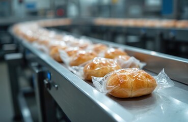 Food production line with freshly baked buns in transparent plastic packaging on conveyer belt. Factory process for food. Automated manufacturing, industrial food production, warehouse storage, meal.