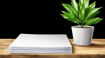 A stack of glossy corporate brochures displayed neatly on a wooden table at a business conference