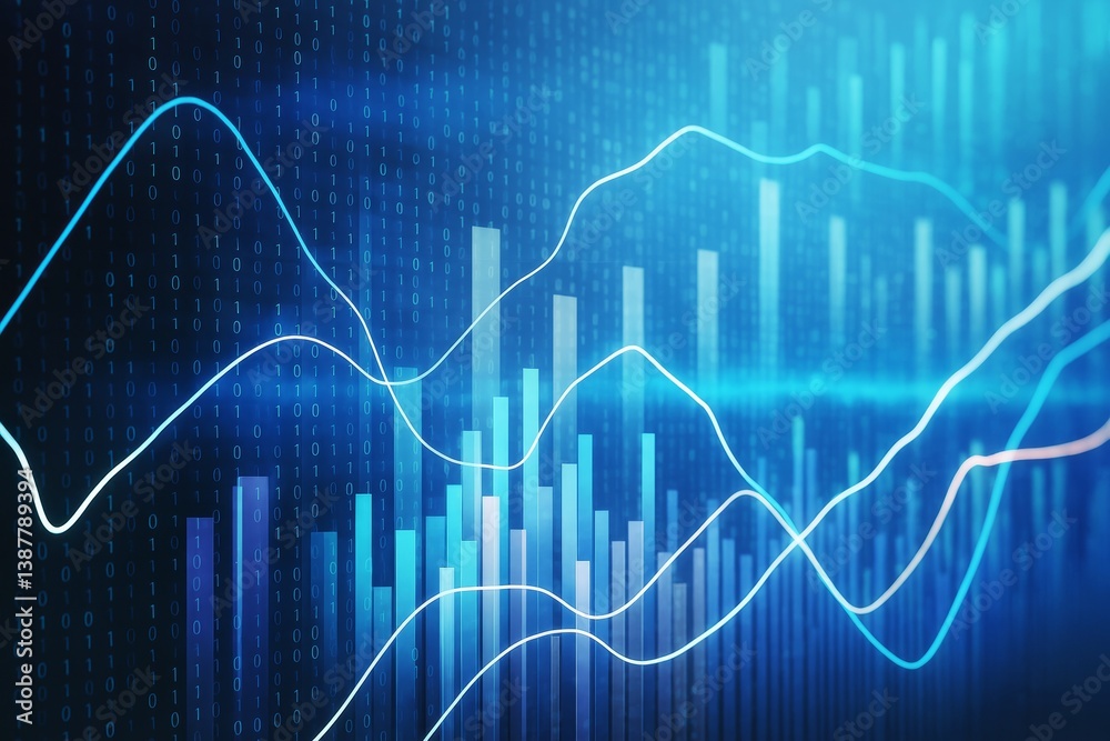 Fototapete Abstract digital background with glowing light graphs and binary code over blue gradient bars representing data analysis and financial growth.