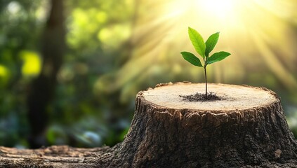 A tiny sprout emerges from a tree stump, symbolizing new life and rebirth in nature's cycle. Warm sunlight bathes the scene.