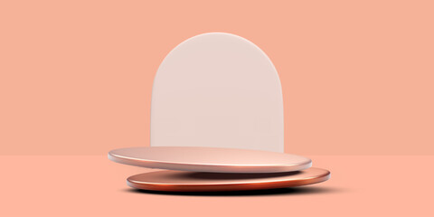Minimal Product Podium With Soft Peach Background And Elegant Round Platforms In Rose Gold And Beige Tones. Perfect For Branding, Display, Or Packaging Mockups. Vector Illustration.