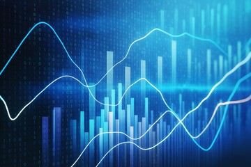 Abstract digital background with glowing light graphs and binary code over blue gradient bars representing data analysis and financial growth.