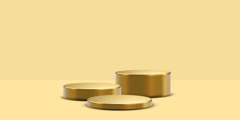 Gold Podium With Three Cylindrical Stands On Beige Background. Elegant Minimal Scene For Product Display, Presentation, Or Branding Design. Vector Illustration.