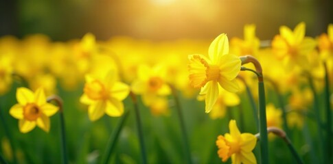 Obraz premium Sunlit field of bright yellow daffodil flowers in full bloom with delicate petals and green stems, outdoor, sunshine