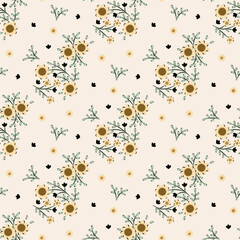Vintage flower pattern, ditsy seamless floral pattern, small flower with light yellow background. Ditsy floral print. Romantic surface design. floral pattern for fashion, fabric, wallpaper, decor